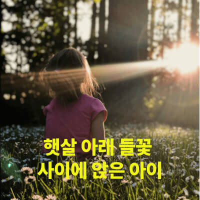 햇살 속 들꽃 사이에 앉아 있는 어린아이의 뒷모습