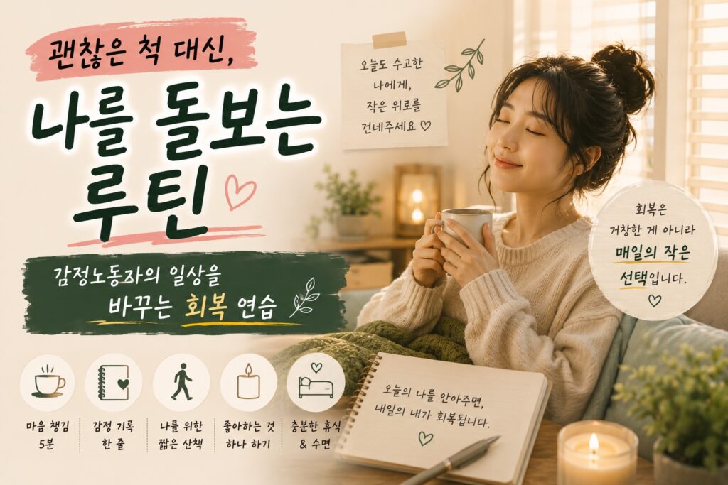 감정노동 속에서 스스로를 돌보는 루틴을 실천하는 여성의 모습을 담은 따뜻한 감성 섬네일 이미지. 차 한 잔과 기록 습관으로 마음을 회복하는 장면