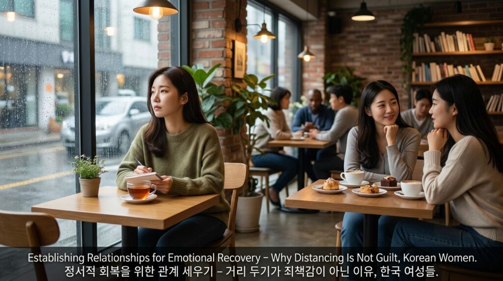 감정노동으로 관계 피로를 겪는 사람들이 카페 공간에서 서로 거리를 두며 앉아 있는 모습의 이미지. 관계 속 피로와 심리적 거리감을 표현함.
