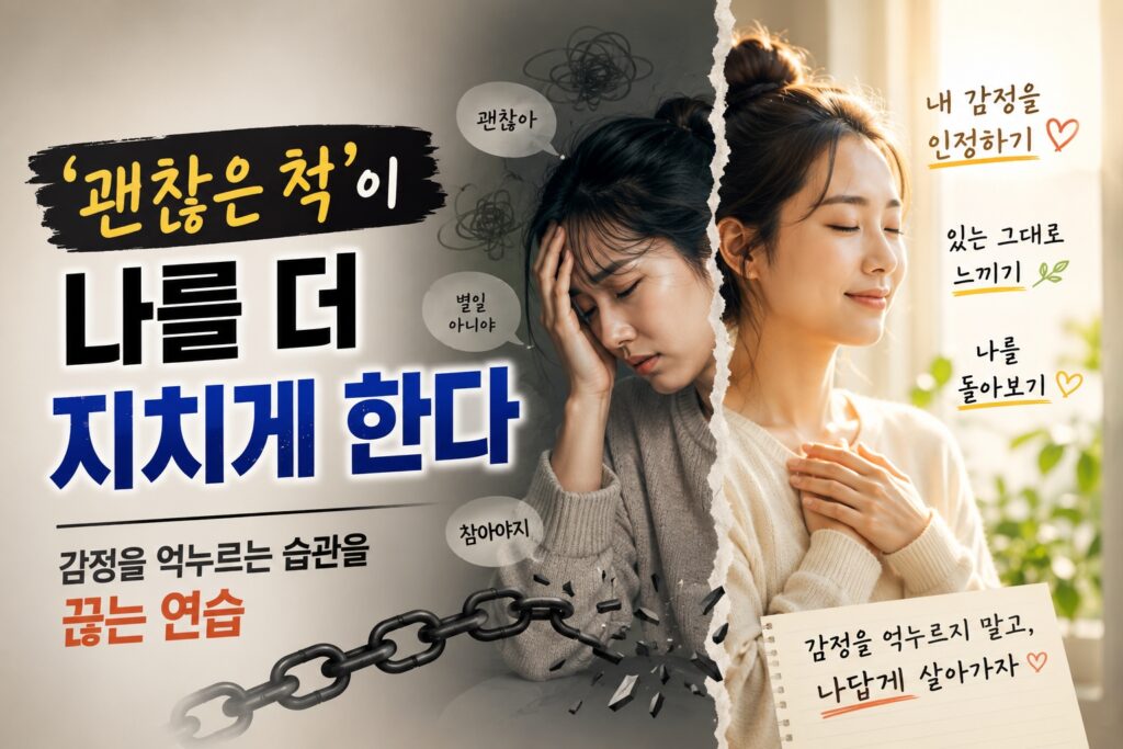 괜찮은 척이 나를 더 지치게 한다 감정을 억누르는 습관을 끊는 연습 감정노동자 번아웃 회복 이미지