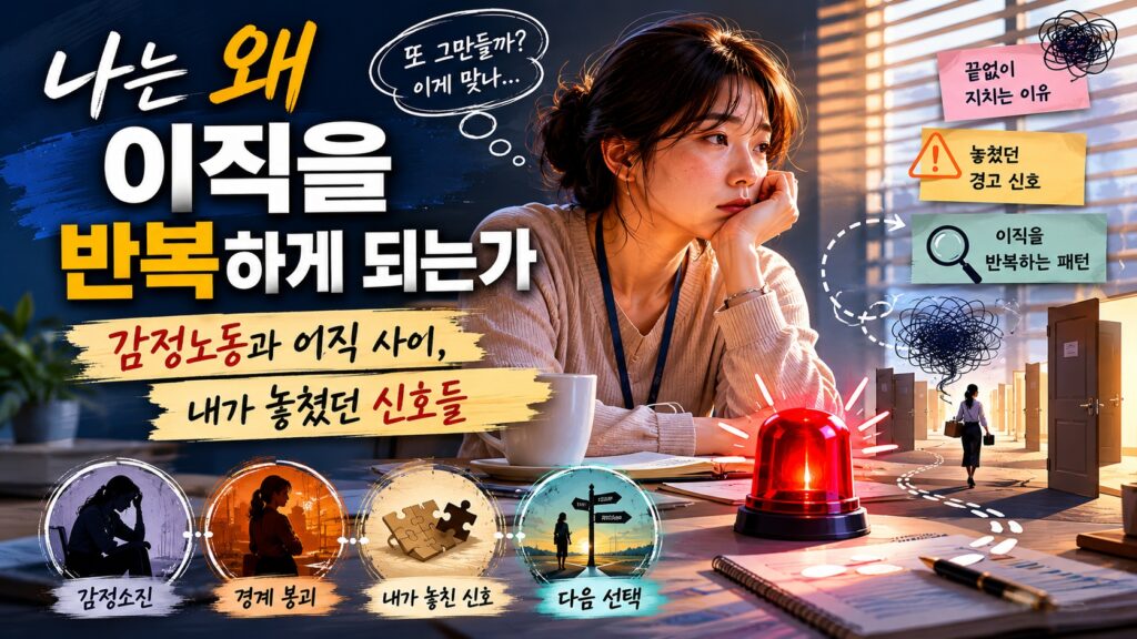 감정노동과 반복되는 이직 고민 속에서 지쳐가는 직장인의 모습을 표현한 섬네일 이미지. 책상 앞에서 깊은 고민에 빠진 여성과 경고등, 반복되는 이직의 상징이 담긴 장면