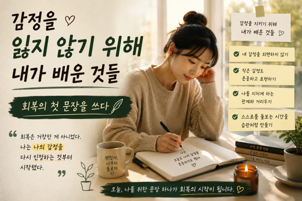 감정을 잃지 않기 위해 스스로를 돌보며 회복의 기록을 써 내려가는 여성의 모습을 담은 감성 섬네일 이미지
