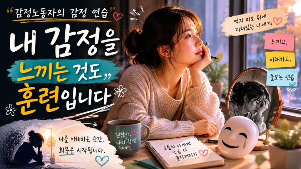 감정노동 속에서 자신의 감정을 되찾기 위해 조용히 기록하고 생각하는 여성의 모습을 담은 감성 섬네일 이미지. 감정을 느끼고 회복하는 과정을 따뜻한 분위기로 표현한 장면