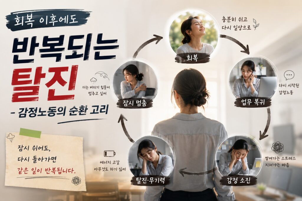 감정노동 이후 반복되는 탈진의 순환 과정을 표현한 섬네일 이미지. 회복과 업무 복귀, 감정 소진이 반복되는 흐름 속에서 지쳐가는 직장인의 모습이 담긴 장면
