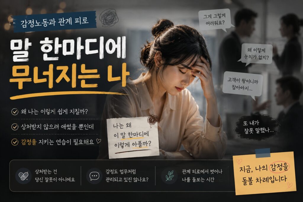 감정노동과 관계 피로 속에서 사람들의 말 한마디에 쉽게 상처받고 지쳐가는 직장인의 모습을 담은 감성 섬네일 이미지
