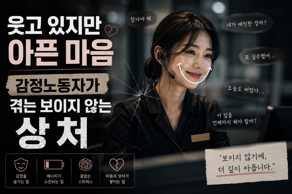 웃고 있지만 속으로는 지쳐 있는 감정노동자의 모습을 담은 감성 섬네일 이미지. 밝은 미소 뒤에 숨겨진 정서적 소진과 보이지 않는 상처를 표현한 장면
