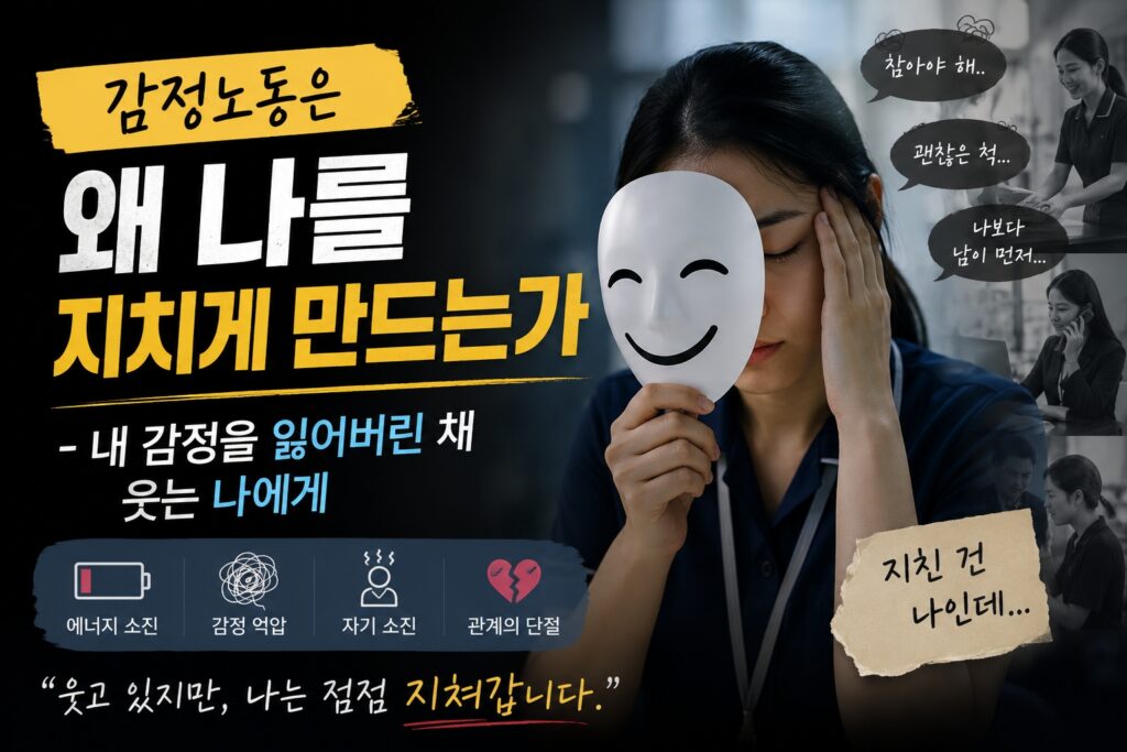 감정노동 속에서 자신의 감정을 잃어버린 채 억지로 웃고 있는 직장인의 모습을 담은 감성 섬네일 이미지. 가면 뒤에 숨겨진 피로와 정서적 소진을 표현한 장면