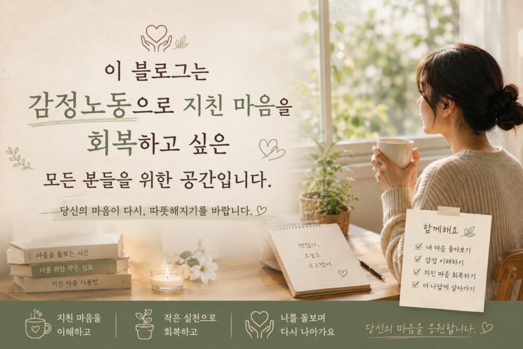 이 블로그는 감정노동으로 지친 마음을 회복하고 싶은 모든 분들을 위한 공간입니다. 