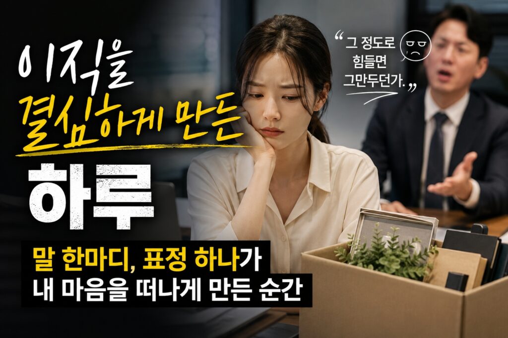 직장 내 감정노동과 이직 고민을 표현한 섬네일 이미지. 지친 표정의 여성과 뒤에서 압박하는 상사의 모습이 담긴 장면