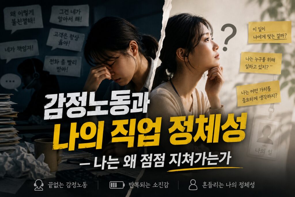 감정노동과 직업 정체성으로 인해 지쳐가는 직장인의 심리 상태를 표현한 썸네일 이미지. 피로한 표정과 자기 성찰의 모습이 대비되어 나타남