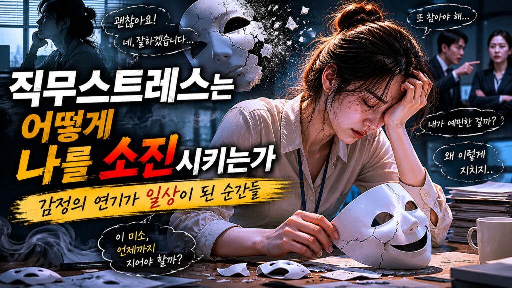 직무스트레스와 감정노동으로 지쳐가는 직장인의 모습을 표현한 섬네일 이미지. 감정의 가면을 쓴 채 무너지는 여성의 모습이 담긴 장면