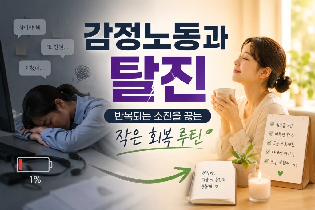 감정노동과 탈진을 주제로 한 회복 루틴 안내 썸네일 이미지. 지친 직장인 여성과 따뜻한 차를 마시며 회복하는 모습이 대비되어 표현됨.