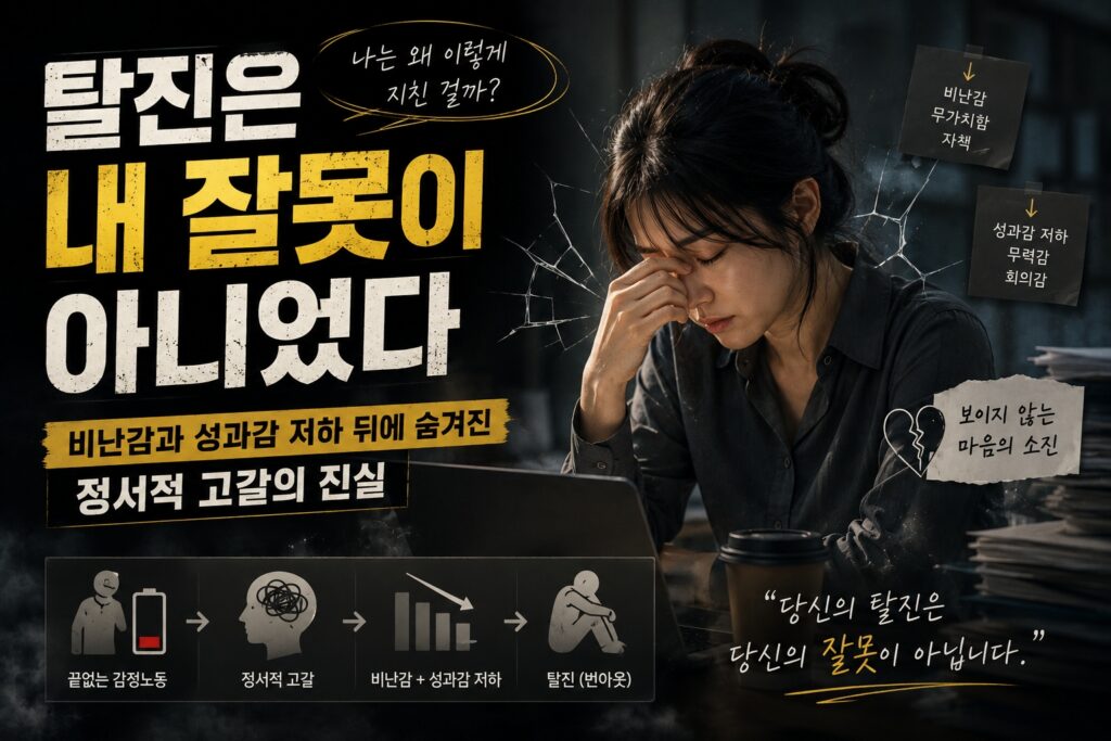 탈진과 번아웃 속에서 스스로를 탓하며 무너져가는 감정노동자의 심리와 정서적 고갈을 표현한 감정 회복 썸네일