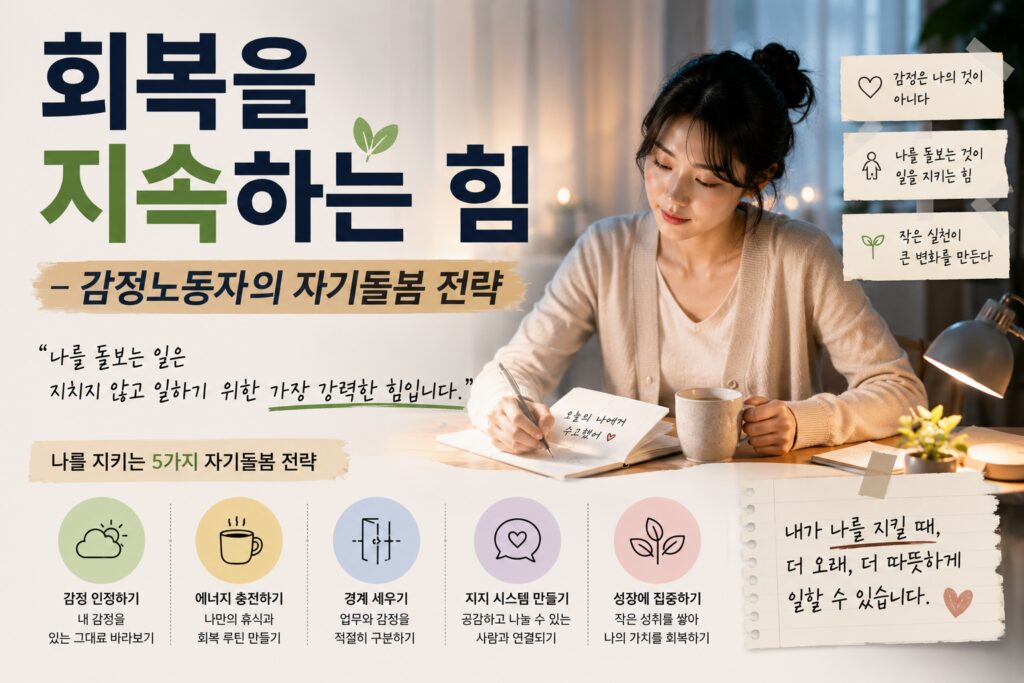 감정노동자의 자기돌봄과 회복 전략을 표현한 섬네일 이미지. 따뜻한 조명 아래 감정일기를 쓰며 스스로를 돌보는 여성의 모습이 담긴 장면