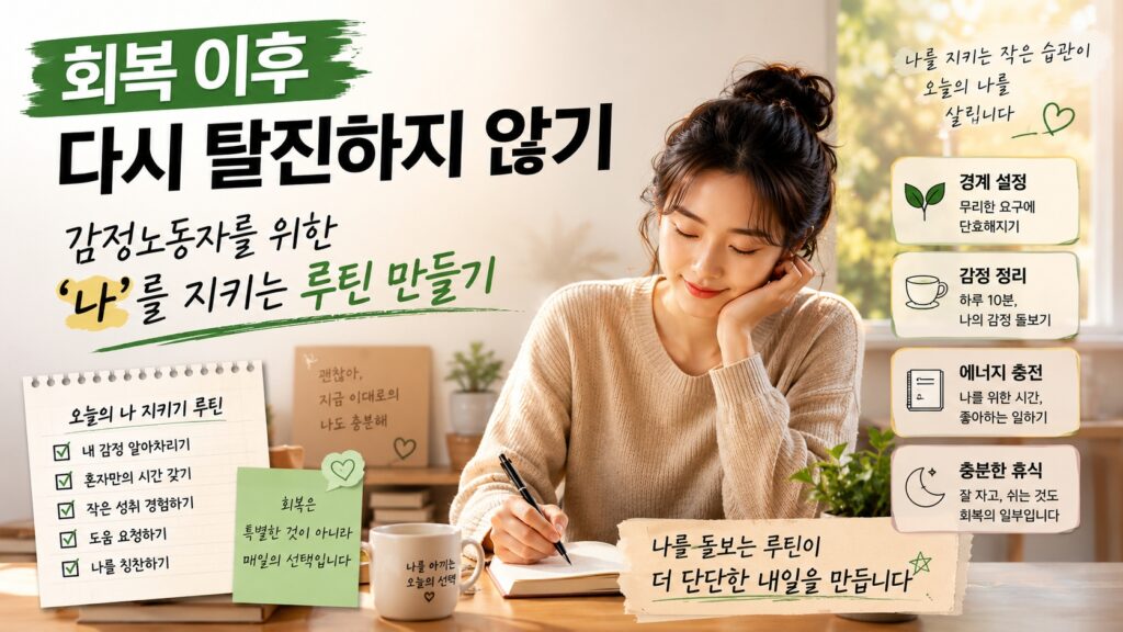 감정노동자의 회복 이후 자기돌봄 루틴을 표현한 섬네일 이미지. 따뜻한 공간에서 감정일기를 쓰며 스스로를 돌보는 여성의 모습이 담긴 장면