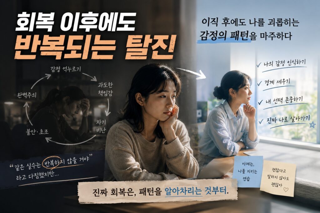 회복 이후에도 반복되는 감정 탈진과 이직 후에도 이어지는 감정노동 패턴을 표현한 심리 회복 칼럼 썸네일