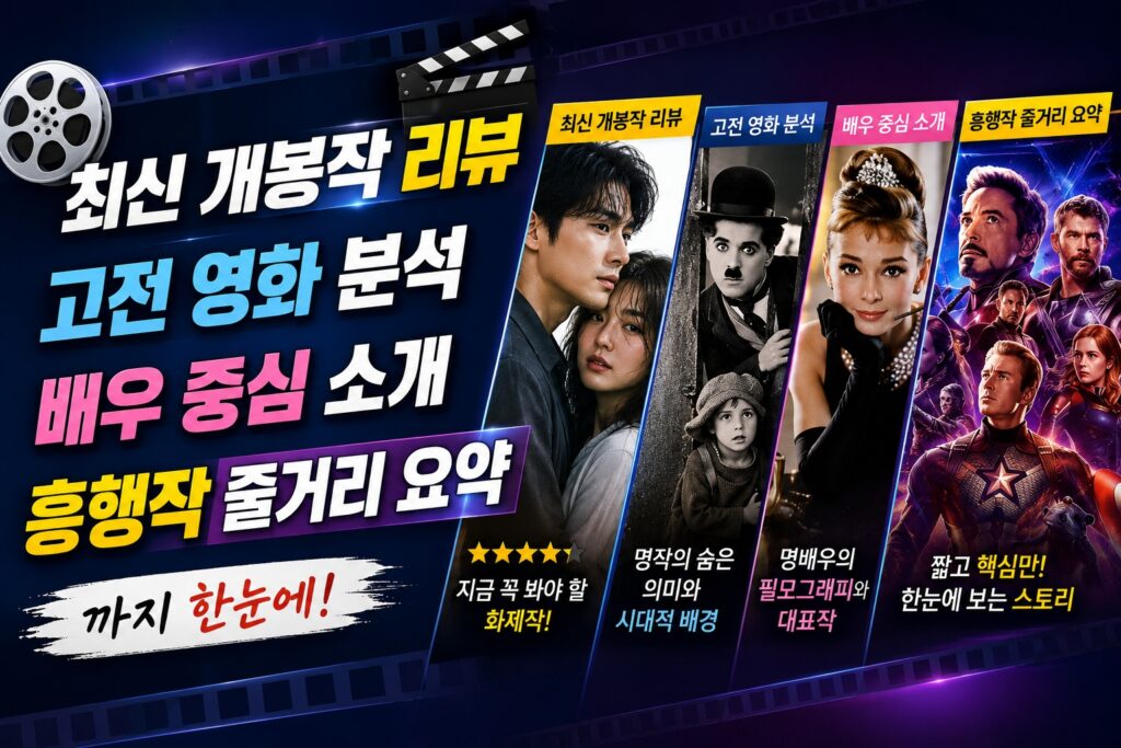최신 개봉작 리뷰와 고전 영화 분석, 배우 소개, 흥행작 줄거리 요약을 제공하는 영화 콘텐츠 이미지