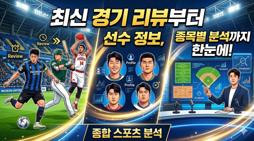 최신 경기 리뷰와 선수 정보 종목별 분석을 제공하는 스포츠 콘텐츠 섬네일 이미지