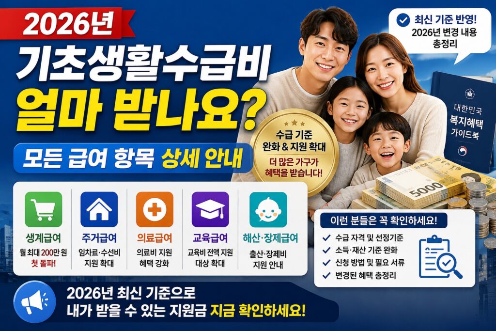 2026년 기초생활수급비 생계급여 주거급여 의료급여 교육급여 지원금 안내 이미지