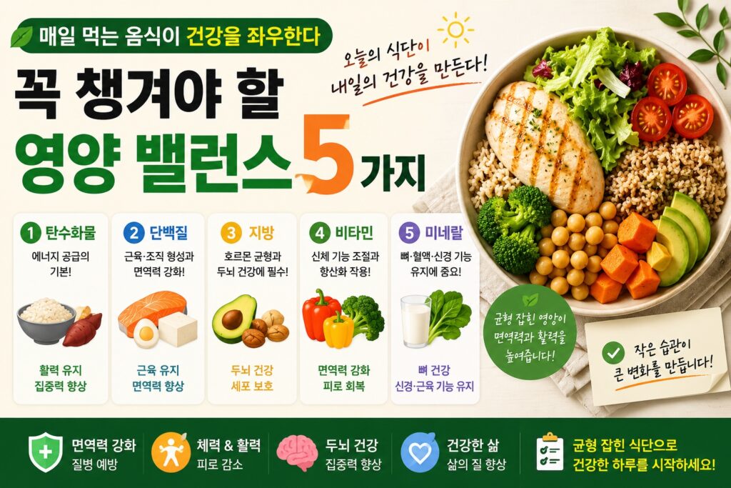 매일 먹는 음식이 건강을 좌우하는 영양 밸런스 5가지 핵심 영양소 안내 이미지