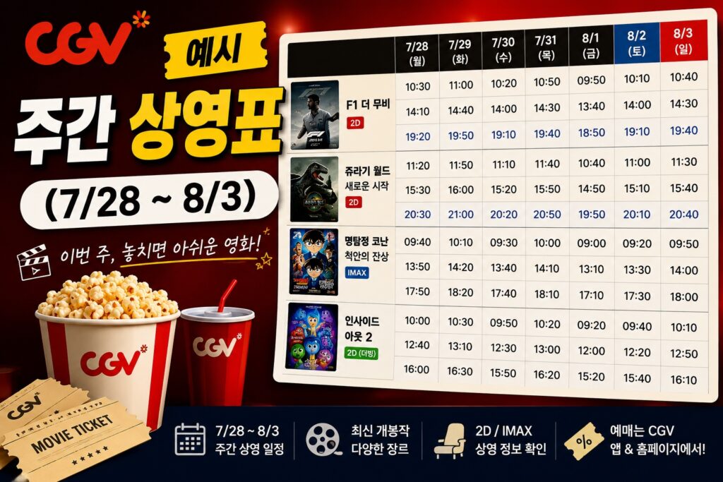 CGV 예시 주간 상영표 7월 28일부터 8월 3일까지 영화 상영시간표 안내 이미지