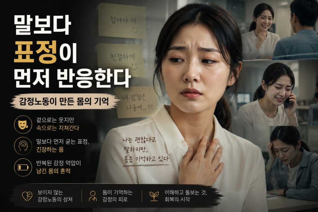 감정노동으로 인해 말보다 표정이 먼저 반응하는 모습을 표현한 감정소진 이미지