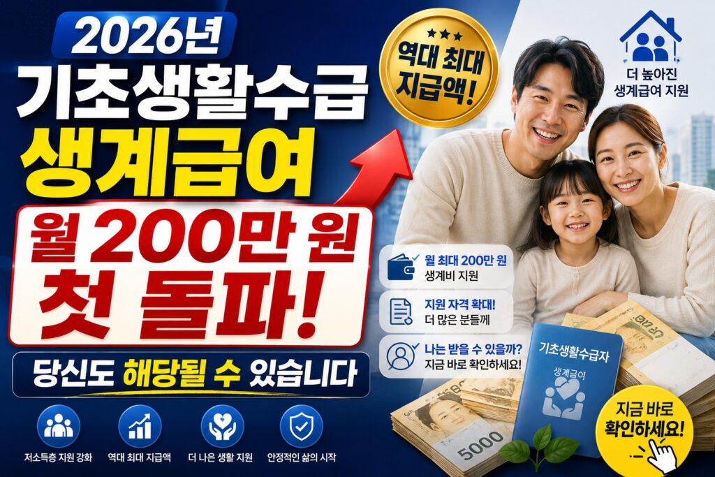 2026년 기초생활수급 생계급여 월 200만 원 첫 돌파와 수급 자격 확대를 안내하는 이미지