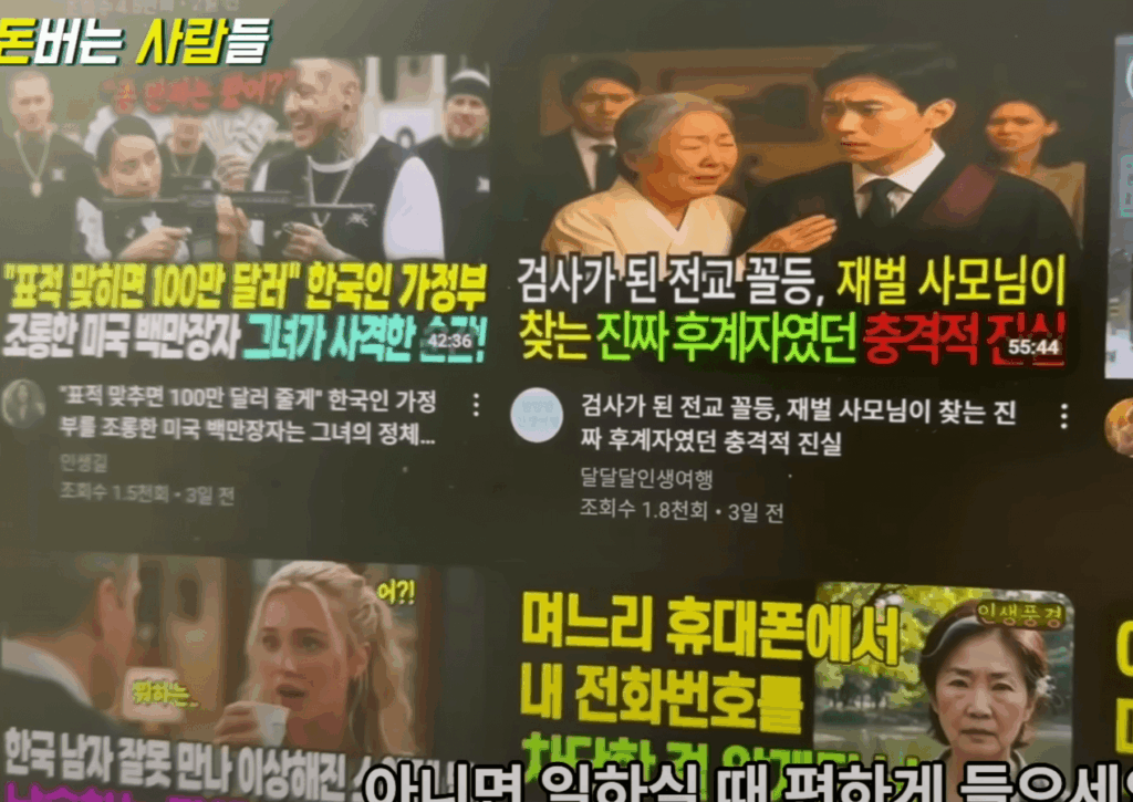 유튜브 사회 이슈와 드라마 영상 추천 화면