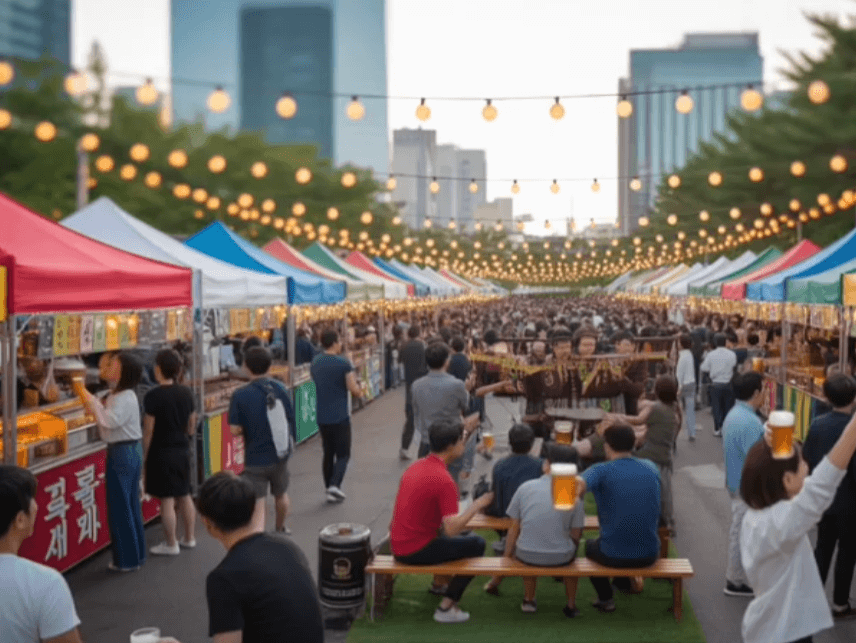 전주 가맥축제 야시장 전경, 형형색색의 부스와 조명 아래 맥주를 즐기는 인파