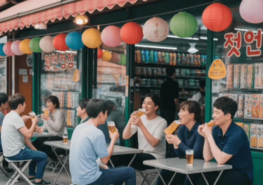 전주 가맥집 앞에서 맥주와 안주를 즐기며 대화를 나누는 사람들