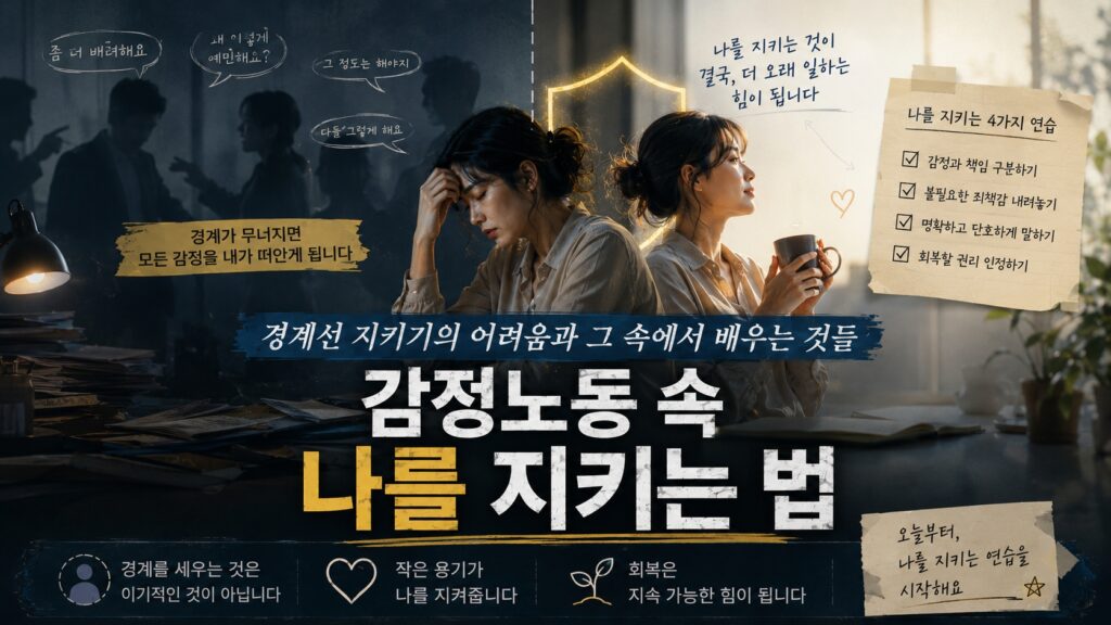 감정노동 속에서 경계선을 지키기 위해 노력하는 사람의 심리적 갈등과 자기보호 과정을 표현한 감정 회복 칼럼 썸네일