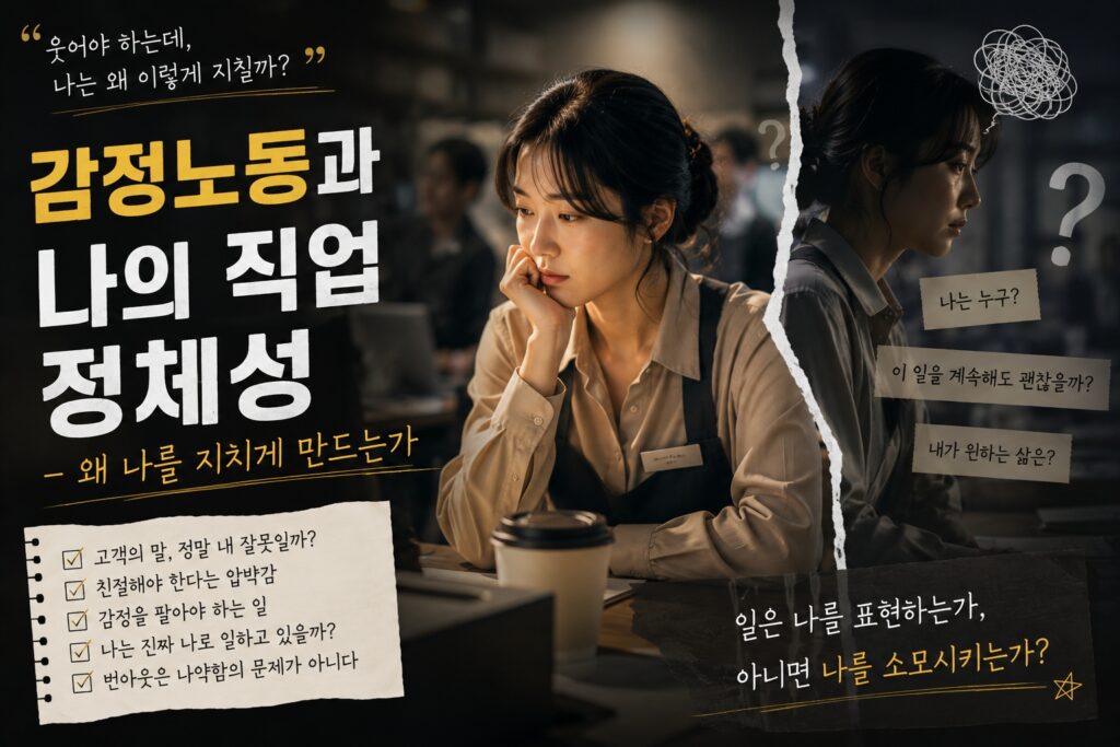감정노동 속에서 직업 정체성과 번아웃 사이에서 흔들리는 내면의 갈등을 표현한 감정노동 회복 칼럼 썸네일