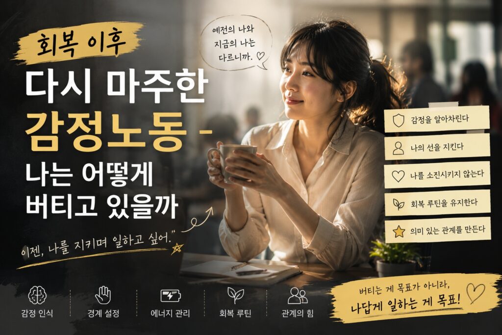 회복 이후 다시 마주한 감정노동 속에서 스스로를 지키며 일하려는 사람의 심리와 감정 회복 과정을 표현한 감정노동 회복 썸네일