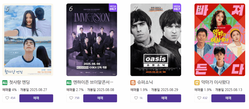 “메가박스 상영작 – 엔하이픈 VR 콘서트, 슈퍼소닉, 첫사랑 엔딩, 어글리 시스터 등 단독 콘텐츠 포함 포스터”