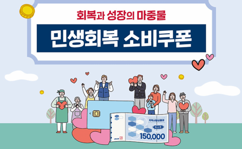 회복과 성장의 마중물, ‘민생회복 소비쿠폰’ 홍보 이미지. 다양한 연령과 직업군의 사람들이 하트를 들고 서 있으며, 중앙에는 카드와 15만 원 권 지역사랑상품권 그림이 함께 배치됨.