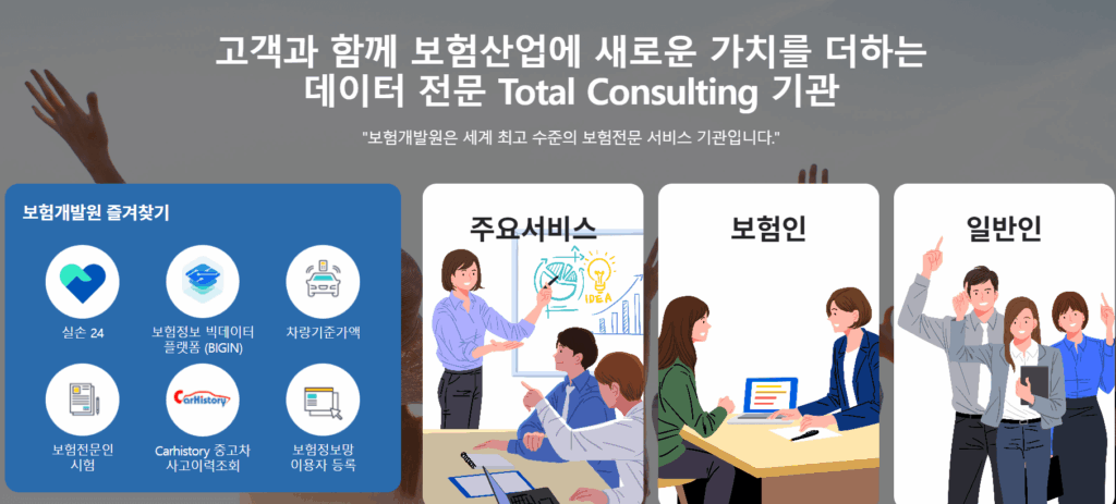 보험개발원 홈페이지 메인 화면, ‘고객과 함께 보험산업에 새로운 가치를 더하는 데이터 전문 Total Consulting 기관’이라는 문구와 함께 실손24, 보험정보 빅데이터 플랫폼, 차량기준가액, 보험전문인 시험, Carhistory 중고차 사고이력조회, 보험정보망 이용자 등록 등의 아이콘이 나열되어 있고, 주요서비스·보험인·일반인 메뉴가 표시되어 있음