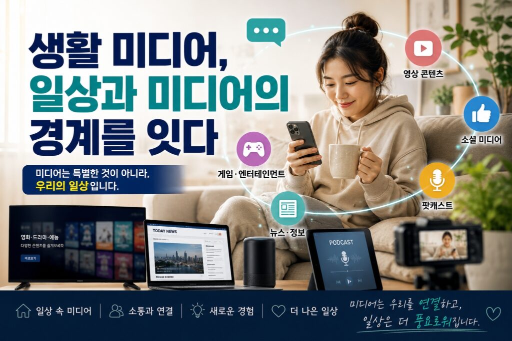 생활 미디어와 디지털 콘텐츠가 일상생활과 연결되는 모습을 표현한 섬네일 이미지