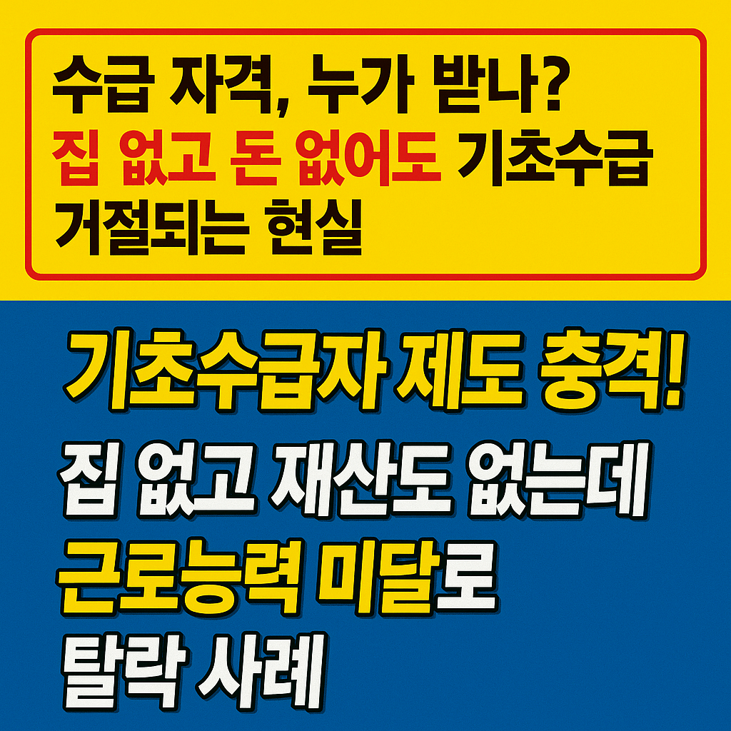 기초생활수급자 제도 충격, 집 없고 재산도 없어도 근로 능력 미달 판정이 없으면 탈락하는 현실을 강조한 그래픽