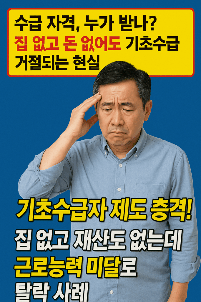중년 남성이 머리를 감싸쥐고 고민하는 모습, 기초생활수급 탈락 현실을 반영한 시각적 이미지