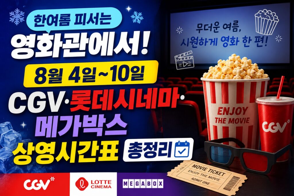 8월 4일부터 10일까지 CGV 롯데시네마 메가박스 상영시간표를 안내하는 영화관 정보 섬네일