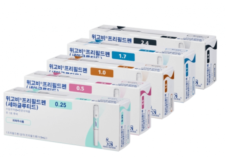 비만치료제 위고비 프리필드펜, 0.25mg부터 2.4mg까지 단계별 용량별 포장 박스 이미지