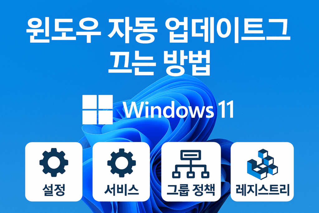 윈도우11 자동 업데이트 끄는 방법을 안내하는 섬네일 이미지. 파란 배경 위에 윈도우11 로고와 함께 ‘설정, 서비스, 그룹 정책, 레지스트리’ 4가지 방법이 아이콘과 함께 표시되어 있음.