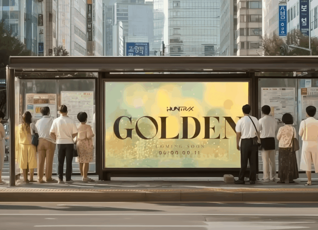 헌트릭스 GOLDEN 광고가 걸린 버스정류장 앞에 서 있는 사람들