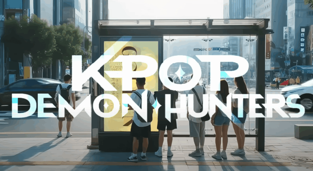 KPOP DEMON HUNTERS 광고가 게시된 버스정류장 앞에 모여 있는 사람들
