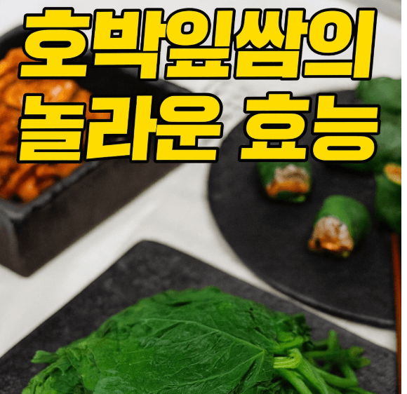 호박잎쌈과 함께한 한식 밥상, '호박잎쌈의 놀라운 효능'이라는 노란 굵은 글자가 들어간 섬네일 이미지