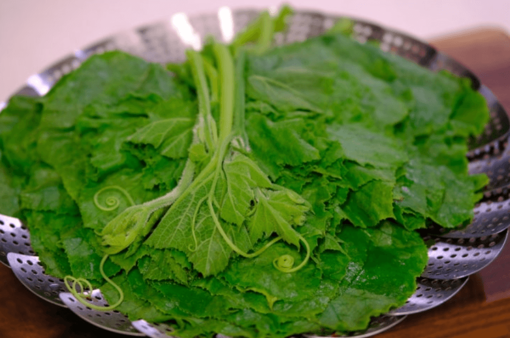 찜기에 가지런히 올려진 신선한 초록빛 호박잎
