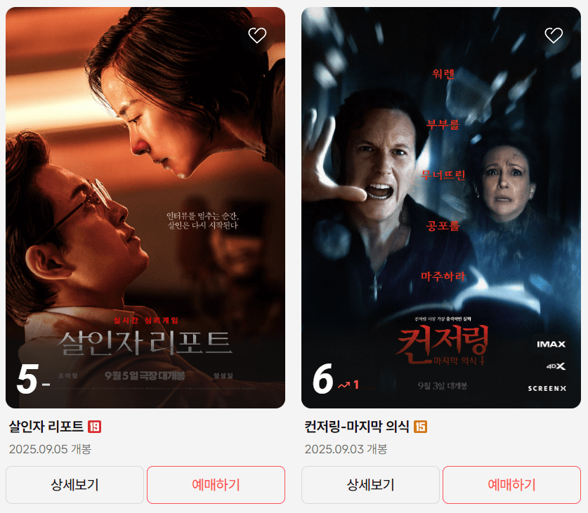 "영화 ‘살인자 리포트’ 포스터 – 여성 인물이 남성의 얼굴 가까이 다가가 강렬하게 응시하는 장면", "영화 ‘컨저링: 마지막 의식’ 포스터 – 두려움에 찬 남녀가 어둠 속에서 공포에 맞서는 모습"