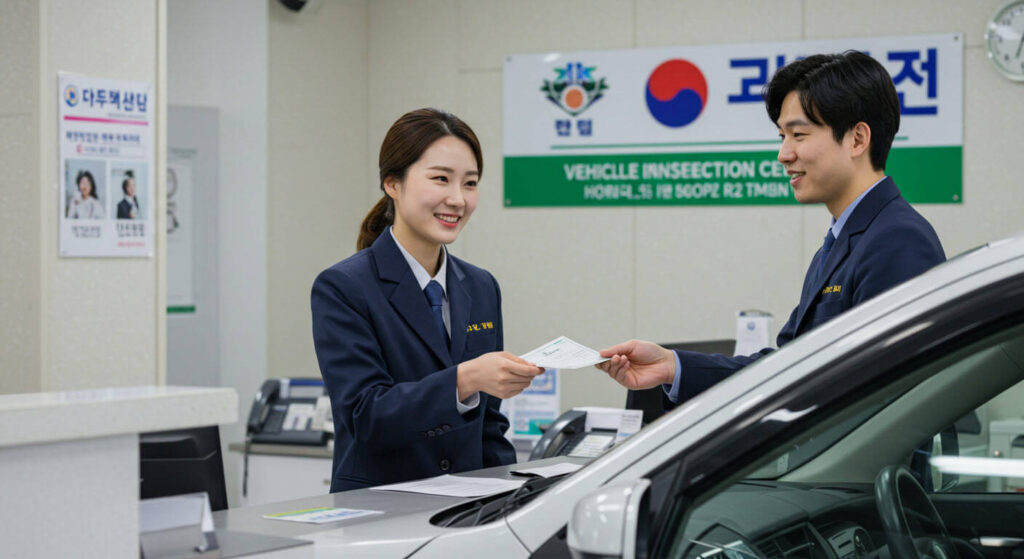 자동차검사소에서 직원에게 등록증을 제출하는 한국인 운전자