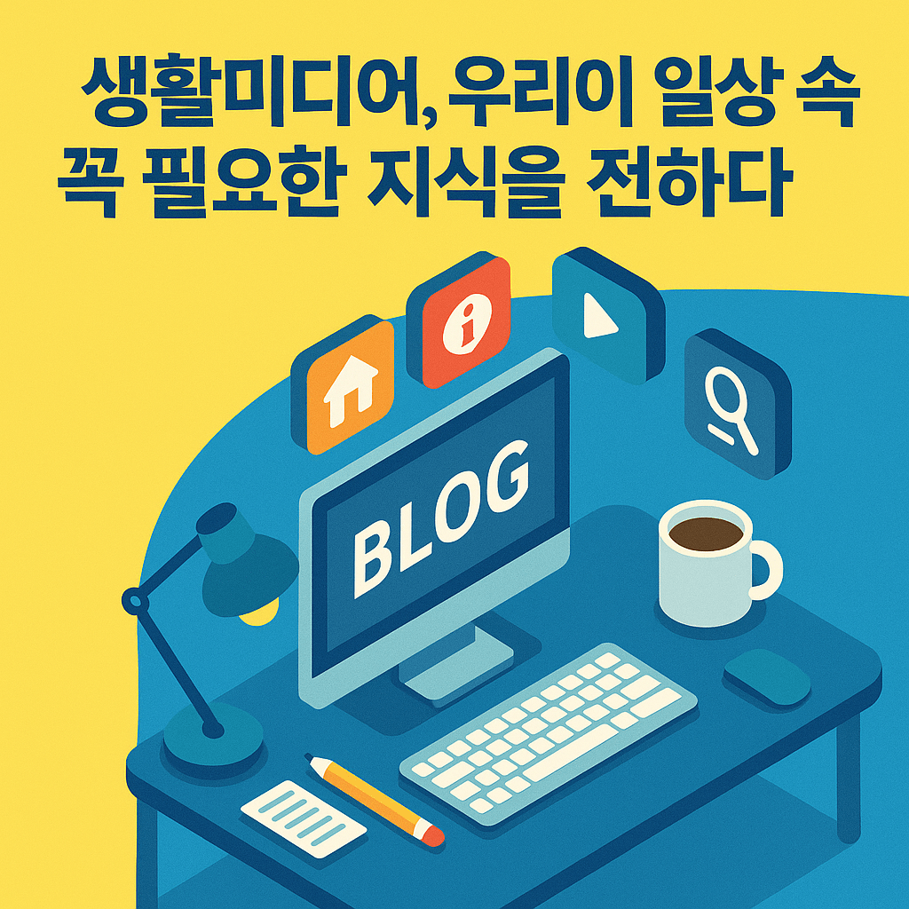 블로그와 생활정보 아이콘이 있는 노트북과 책상이 있는 일러스트