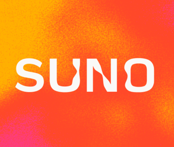 “Suno 앱 로고 – 오렌지와 노란색 그라데이션 배경 위에 흰색 글씨로 SUNO라고 적힌 AI 음악 생성 서비스 로고”